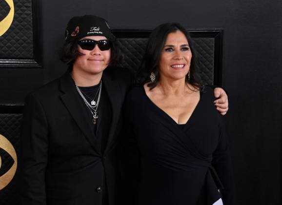 Germaine Franco (right) and guest attend the 65th annual Grammy Awards at the Crypto.com Arena in Los Angeles on Sunday, February 5, 2023.  LAP20230205676 JIMxRUYMEN