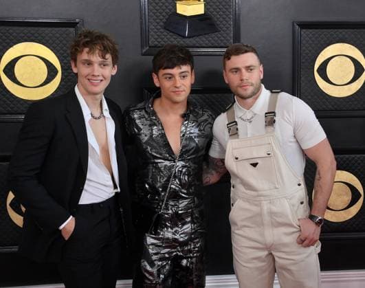 (L-R) Hunter Doohan, Tom Daley and Gus Kenworthy attend the 65th annual Grammy Awards at the Crypto.com Arena in Los Angeles on Sunday, February 5, 2023.  LAP20230205314 JIMxRUYMEN