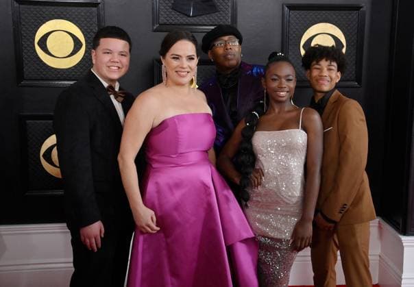 (L-R) Kali de Jesus, Kaitlin McGaw, Tommy Shepherd III, Maya Fleming, and Tommy Shepherd Jr. of Alphabet Rockers attend the 65th annual Grammy Awards at the Crypto.com Arena in Los Angeles on Sunday, February 5, 2023.  LAP20230205321 JIMxRUYMEN
