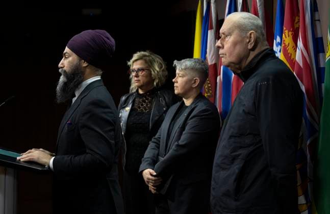 February 6, 2023, Ottawa, ON, Canada: New Democratic Party leader Jagmeet Singh stands with ..Ontario Council of Hospital Unions President Michael Hurley (right), Ontario Public Service Employees Union President JP Hornick and Ontario Nurses Association First Vice President Angela Preocanin (second from left) as they listen to a reporters question during a news conference, Monday, February 6, 2023 in Ottawa. Ottawa Canada  - ZUMAc35_ 20230206_zaf_c35_006 Copyright: xAdrianxWyldx