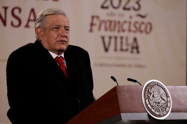 President of Mexico in press conference before reporters February 6, 2023, Mexico City, Mexico: Mexican President Andres Manuel Lopez Obrador at his daily morning conference before reporters at the National Palace in Mexico City, Mexico. on February 6, 2023 in Mexico City, Mexico (Photo by Luis Barron Eyepix Group). Copyright: xLuisxBarronx xEyepixxGroupx LB20230206_AMLO16