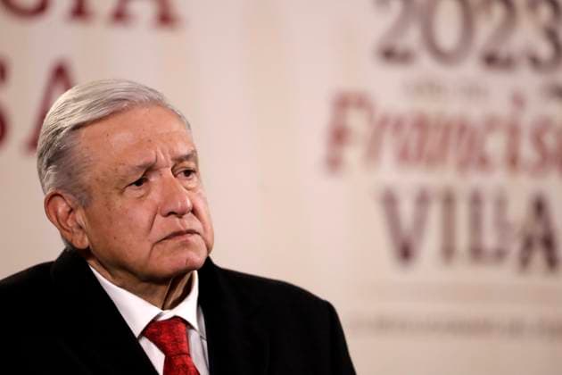 President of Mexico in press conference before reporters February 6, 2023, Mexico City, Mexico: Mexican President Andres Manuel Lopez Obrador at his daily morning conference before reporters at the National Palace in Mexico City, Mexico. on February 6, 2023 in Mexico City, Mexico (Photo by Luis Barron Eyepix Group). Copyright: xLuisxBarronx xEyepixxGroupx LB20230206_AMLO17