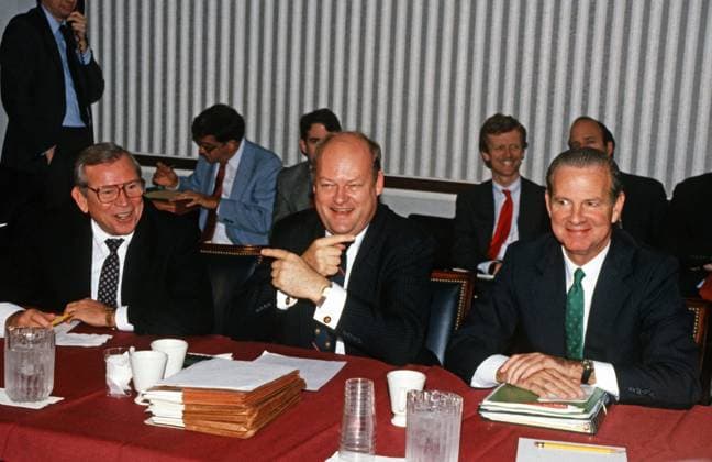 November 19, 1987, Washington, District of Columbia, USA: From left to right: White House Chief of Staff Howard Baker; James C. Miller III, Director, Office of Management and Budget (OMB); and United States Secretary of the Treasury James A. Baker III during a photo-op prior to a bipartisan meeting with White House officials on the budget crisis on the US Capitol in Washington, DC on November 19, 1987 Washington USA - ZUMAs152 19871119_zaa_s152_002 Copyright: xRonxSachsx