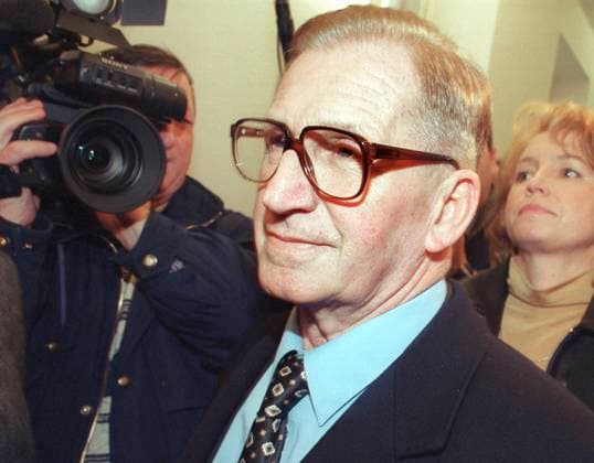 ***FILE PHOTO*** Lubomir Strougal, former prime minister of communist Czechoslovakia who had been charged with abuse of power, leaves a Prague district court after he was acquitted for lack of evidence on Wednesday, February 20, 2002. *** Czechoslovak communist-era PM, interior, agriculture minister Strougal died aged 98, source close to his family told Czech News Agency (CTK)xonxFebruary CTKPhotoFO00373895  CTKPhotoFO00373895