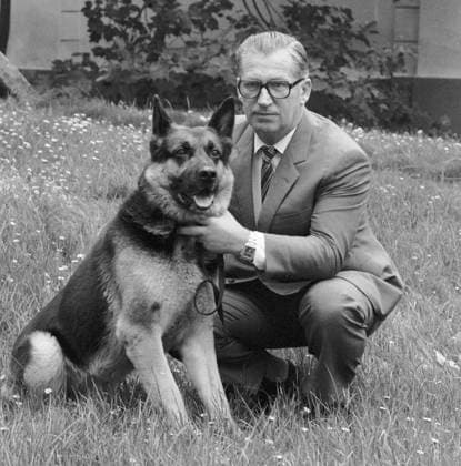 Czechoslovak Prime Minister Lubomir Strougal pictured with a dog on October 10, 1984, in Prague, Czechoslovakia. (CTKxPhoto JirixFinda) CTKPhotoFO01103360  CTKPhotoFO01103360