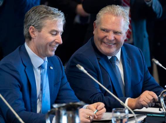 February 7, 2023, Ottawa, ON, Canada: Ontario Premier Doug Ford shares a laugh with Nova Scotia Premier Tim Houston as they wait to start a meeting of CanadaöÄÃ s premiers, Tuesday, February 7, 2023 in Ottawa. Ottawa Canada  - ZUMAc35_ 20230207_zaf_c35_006 Copyright: xAdrianxWyldx