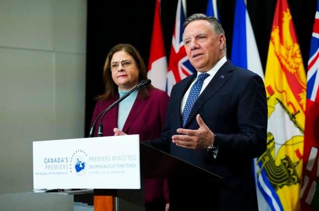 February 7, 2023, Ottawa, ON, Canada: Quebec Premier Francois Legault and Manitoba Premier Heather Stefanson hold a press conference as Canada s premiers meet in Ottawa on Tuesday, Feb. 7, 2023 in Ottawa. Ottawa Canada  - ZUMAc35_ 20230207_zaf_c35_034 Copyright: xSeanxKilpatrickx
