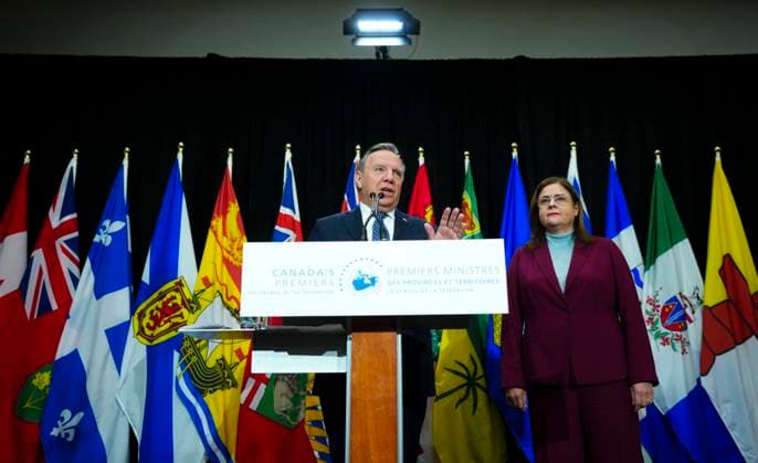 February 7, 2023, Ottawa, ON, Canada: Quebec Premier Francois Legault and Manitoba Premier Heather Stefanson hold a press conference as Canada s premiers meet in Ottawa on Tuesday, Feb. 7, 2023 in Ottawa. Ottawa Canada  - ZUMAc35_ 20230207_zaf_c35_044 Copyright: xSeanxKilpatrickx
