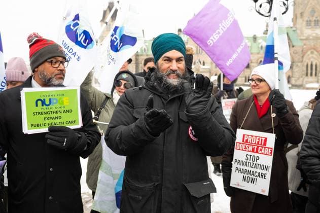 February 7, 2023, Ottawa, ON, Canada: NDP Leader Jagmeet Singh cheers during a rally to demand Canada s public health care system be protected and expanded, on Parliament Hill in Ottawa, Tuesday, Feb. 7, 2023. Ottawa Canada  - ZUMAc35_ 20230207_zaf_c35_068 Copyright: xSpencerxColbyx