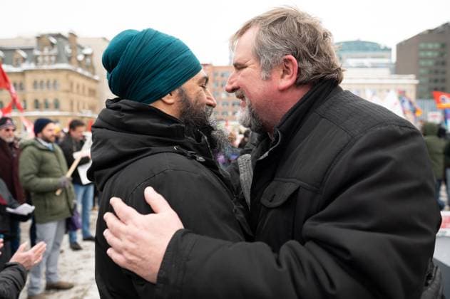 February 7, 2023, Ottawa, ON, Canada: NDP Leader Jagmeet Singh, left, shares a moment with National President of the Canadian Union of Public Employees (CUPE), Mark Hancock, during a rally to demand Canada s public health care system be protected and expanded, on Parliament Hill in Ottawa, Tuesday, Feb. 7, 2023. Ottawa Canada - ZUMAc35_ 20230207_zaf_c35_069 Copyright: xSpencerxColbyx