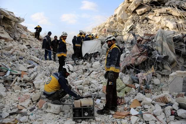 February 7, 2023, Sarmada, Idlib governorate, Syria: Idlib, Syria. 07 February 2023. Members of the Syrian Civil Defence undertake rescue operations in the city of Sarmada, in the Idlib governorate, in the aftermath of a major earthquake in the region. On Tuesday afternoon the number of victims in Sarmada reached 75 dead and more than 80 injured. The damage to road and infrastructures has added further complexity to the rescue operations and the delivery of aid to many areas affected by the earthquake in northwest Syria Sarmada Syria - ZUMAd99_ 20230207_zap_d99_070 Copyright: xJumaxMohammadx