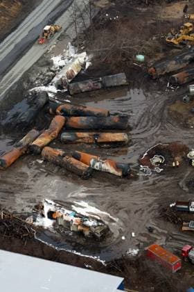 EAST PALESTINE, OH - FEBRUARY 8: Aerial view of a train derailment containing the toxic chemical, vinyl chloride derailed five days ago in the village of 5,000 people near the Pennsylvania border. Residents were allowed to return home after tests deemed it to be safe in the area on February 8, 2023 in East Palestine, Ohio. Copyright: xmpi34x