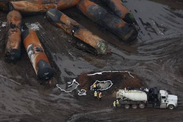 EAST PALESTINE, OH - FEBRUARY 8: Aerial view of a train derailment containing the toxic chemical, vinyl chloride derailed five days ago in the village of 5,000 people near the Pennsylvania border. Residents were allowed to return home after tests deemed it to be safe in the area on February 8, 2023 in East Palestine, Ohio. Copyright: xmpi34x