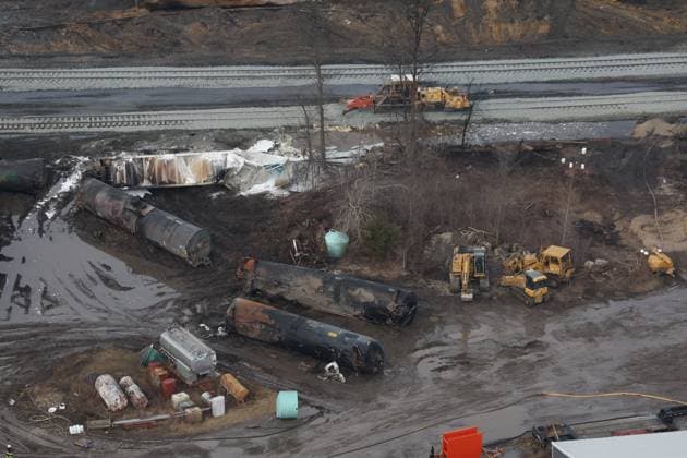EAST PALESTINE, OH - FEBRUARY 8: Aerial view of a train derailment containing the toxic chemical, vinyl chloride derailed five days ago in the village of 5,000 people near the Pennsylvania border. Residents were allowed to return home after tests deemed it to be safe in the area on February 8, 2023 in East Palestine, Ohio. Copyright: xmpi34x