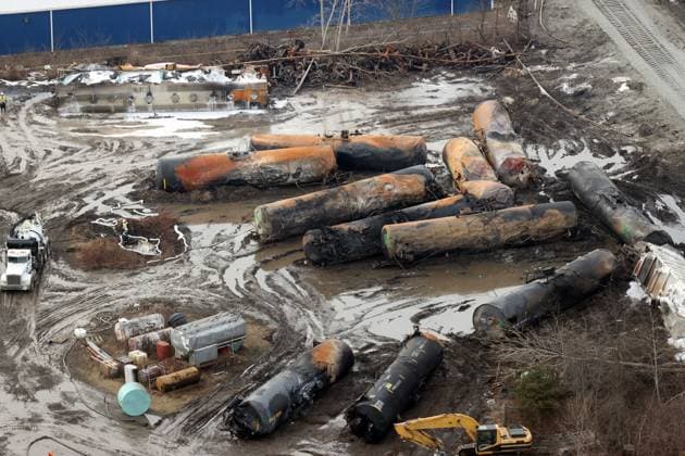 EAST PALESTINE, OH - FEBRUARY 8: Aerial view of a train derailment containing the toxic chemical, vinyl chloride derailed five days ago in the village of 5,000 people near the Pennsylvania border. Residents were allowed to return home after tests deemed it to be safe in the area on February 8, 2023 in East Palestine, Ohio. Copyright: xmpi34x