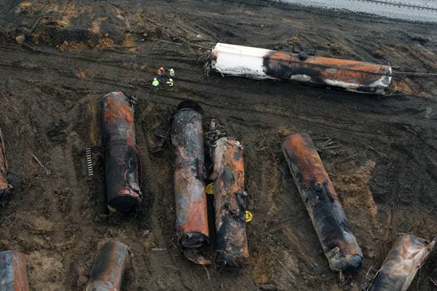 EAST PALESTINE, OH - FEBRUARY 8: Aerial view of a train derailment containing the toxic chemical, vinyl chloride derailed five days ago in the village of 5,000 people near the Pennsylvania border. Residents were allowed to return home after tests deemed it to be safe in the area on February 8, 2023 in East Palestine, Ohio. Copyright: xmpi34x
