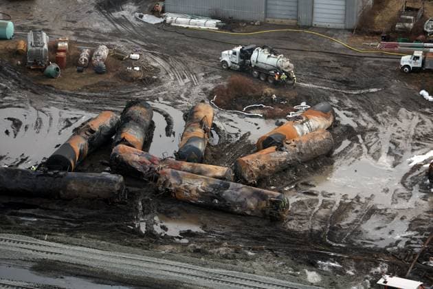EAST PALESTINE, OH - FEBRUARY 8: Aerial view of a train derailment containing the toxic chemical, vinyl chloride derailed five days ago in the village of 5,000 people near the Pennsylvania border. Residents were allowed to return home after tests deemed it to be safe in the area on February 8, 2023 in East Palestine, Ohio. Copyright: xmpi34x