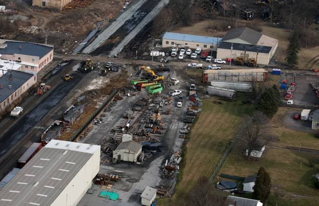 EAST PALESTINE, OH - FEBRUARY 8: Aerial view of a train derailment containing the toxic chemical, vinyl chloride derailed five days ago in the village of 5,000 people near the Pennsylvania border. Residents were allowed to return home after tests deemed it to be safe in the area on February 8, 2023 in East Palestine, Ohio. Copyright: xmpi34x
