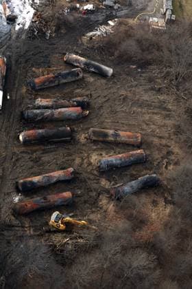 EAST PALESTINE, OH - FEBRUARY 8: Aerial view of a train derailment containing the toxic chemical, vinyl chloride derailed five days ago in the village of 5,000 people near the Pennsylvania border. Residents were allowed to return home after tests deemed it to be safe in the area on February 8, 2023 in East Palestine, Ohio. Copyright: xmpi34x
