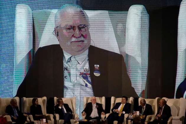 Lech Walesa at the presentation of the book Brief chronicle of trade unionism in Mexico February 8, 2023, Mexico City, Mexico: Senator Pedro Haces Barba accompanied by the former president of Poland, Nobel Peace Prize winner and leader of Solidaridad, Lech Walesa and Senator Ricardo Monreal, at the presentation of his book: Brief chronicle of unionism in Mexico, at the Interactive Museum of Economics in Mexico City. on February 8, 2023 in Mexico City, Mexico (Photo by Luis Barron Eyepix Group). Copyright: xLuisxBarronx xEyepixxGroupx LB20230208_LECH_WALESA17