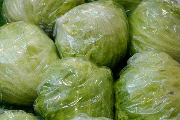 Berlin, Deutschland 08.- 10. Februar 2023: Fruit Logistica - 2023 Im Bild: In Kunststoff verpackte Köpfe von Eisbergsalat Messe Berlin *** Berlin, Germany 08 10 February 2023 Fruit Logistica 2023 In picture Heads of iceberg lettuce packed in plastic Messe Berlin Copyright: xFotostandx xReuhlx