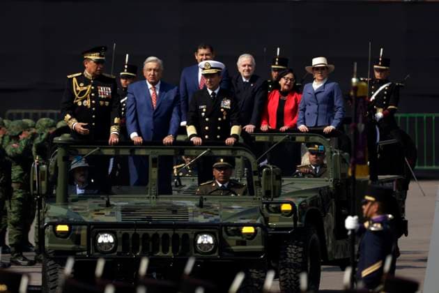 President of Mexico presides over the March of Loyalty February 9, 2023, Mexico City, Mexico: The President of Mexico, Andres Manuel Lopez Obrador with the Secretaries of National Defense, Luis Crescencio Sandoval and of the Navy, Rafael Ojeda, at the 110th anniversary ceremony of the March of Loyalty  in the Zocalo in Mexico City. on February 9, 2023 in Mexico City, Mexico (Photo by Luis Barron Eyepix Group). Copyright: xLuisxBarronx xEyepixxGroupx LB20230209_LEALTAD_AMLO31