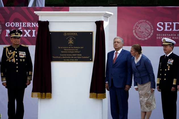 President of Mexico presides over the March of Loyalty February 9, 2023, Mexico City, Mexico: The President of Mexico, Andres Manuel Lopez Obrador with the Secretaries of National Defense, Luis Crescencio Sandoval and of the Navy, Rafael Ojeda, at the 110th anniversary ceremony of the March of Loyalty  in the Zocalo in Mexico City. on February 9, 2023 in Mexico City, Mexico (Photo by Luis Barron Eyepix Group). Copyright: xLuisxBarronx xEyepixxGroupx LB20230209_LEALTAD_AMLO44