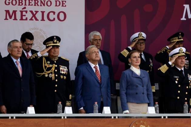 President of Mexico presides over the March of Loyalty February 9, 2023, Mexico City, Mexico: The President of Mexico, Andres Manuel Lopez Obrador, and his wife Beatriz Gutierrez, and the Secretaries of National Defense, Luis Crescencio Sandoval, and of the Navy, Rafael Ojeda, at the 110th anniversary ceremony of the Loyalty March in the Zocalo in Mexico City. on February 9, 2023 in Mexico City, Mexico (Photo by Luis Barron Eyepix Group). Copyright: xLuisxBarronx xEyepixxGroupx LB20230209_LEALTAD_AMLO47