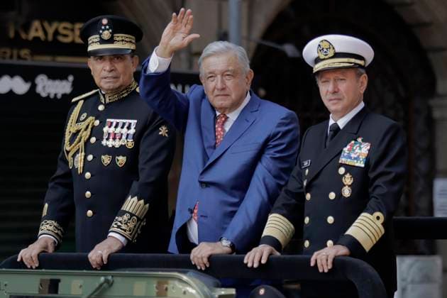 March Of Loyalty In Mexico Andres Manuel Lopez Obrador (blue suit), President of Mexico, salutes on the occasion of the March of Loyalty, which for the first time in more than a century, took place on Avenida Madero and the Zocalo in Mexico City, due to the greater participation of cadets on the occasion of the 200th anniversary of the Heroic Military College. He is accompanied by the Secretary of Defence, General Luis Cresencio Sandoval (left) and Admiral Rafael Ojeda Duran (right), Secretary of the Navy, among other officials. The March of Loyalty is named after the escort in a column of honour that the cadets of the Military College gave to President Francisco I. Madero to take him from Chapultepec Castle to the National Palace, in or  Copyright: xGerardoxVieyrax originalFilename: vieyra-notitle230209_npUYN.jpg