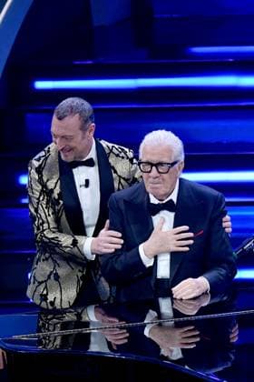 Sanremo, 73rd Italian Song Festival, Fourth Evening. Peppino di Capri receives the Lifetime Achievement Award. In the photo Peppino di Capri with Amadeus and Gianni Morandi  Copyright: xMaurizioxD avanzox xipa-agency.nx xSanremox IPA_IPA36020024