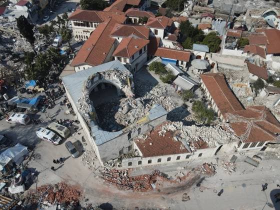 Drone view of the demolished Habib-i Neccar Mosque at Hatay in Hatay. . A powerful earthquake has hit a wide area in south-eastern Turkey, near the Syrian border, killing more than 6000 people and trapping many others. Copyright: SerdarxOzsoy 17841906