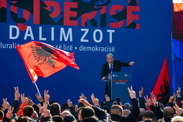 Opposition leader former President (1992-1997) and former Prime Minister (2005-2013) Sali Berisha gestures as he speaks to the crowd during an anti-gov rally in Mother Teresa Square, Tirana, Albania, on Saturday, Feb 11, 2023. (VX Photo Vudi Xhymshiti) Thousands flocked to the capital, Tirana square, to demand the resignation of Prime Minister Edi Rama, who was reportedly involved in bribing a former FBI agent, Charles McGonigal., ALBANIA McGonigall Case - Sali Berisha Tirane Mother Theresa Square Albania Republic of Albania  , Copyright: xVudixXhymshitix