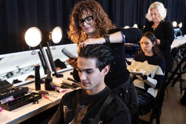 February 11, 2023, New York, New York, United States: Model prepares backstage for Son Jung Wan show during New York Fashion Week Fall Winter 2023 at Spring Studios in New York on February 11, 2023 New York United States - ZUMAr339 20230211_znp_r339_003 Copyright: xLevxRadinx