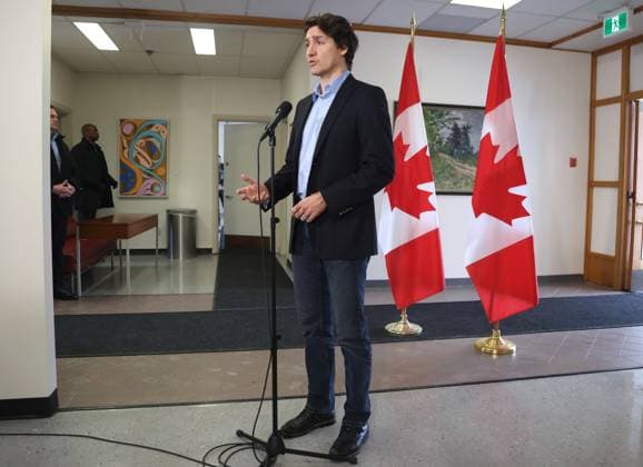 February 12, 2023, Ottawa, ON, Canada: Prime Minister Justin Trudeau speaks to the media Sunday, February 12, 2023, in Ottawa before boarding a flight to the Yukon after ordering the take down of an unidentified object that violated Canadian airspace. Ottawa Canada  - ZUMAc35_ 20230212_zaf_c35_007 Copyright: xPatrickxDoylex