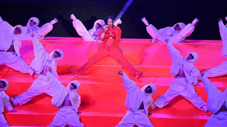 Grammy award-winning R&B, pop, hip-hop, reggae, and EDM singer Rihanna performs during the Super Bowl LVII halftime show during the first half of Super Bowl LVII at State Farm Stadium in Glendale, Arizona, on Sunday, February 12, 2023.  SBP20230212450 JONxSOOHOO