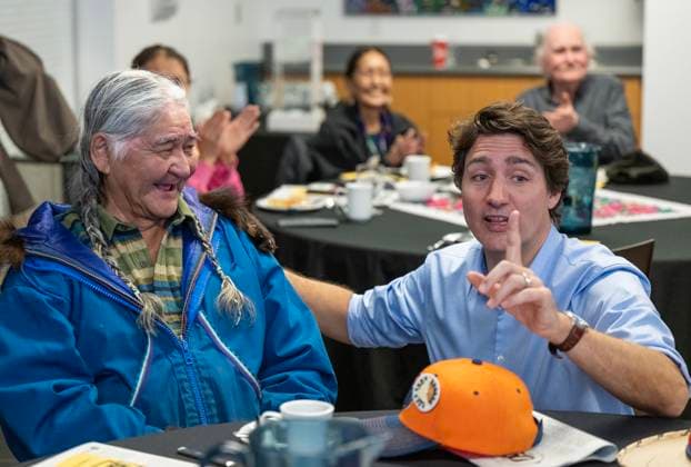 February 12, 2023, Whitehorse, YT, CANADA: Prime Minister Justin Trudeau meets Randall Tetlichi at the elders tea during Council of Yukon First Nations Together Today For Our Children Tomorrow 50th Anniversary celebrations at the Kwanlin DoÂ¼n Cultural Centre in Whitehorse, Yukon on Sunday February 12, 2023. THECANADIAN PRESS Whitehorse CANADA  - ZUMAc35_ 20230212_zaf_c35_013 Copyright: xMikexThomasx