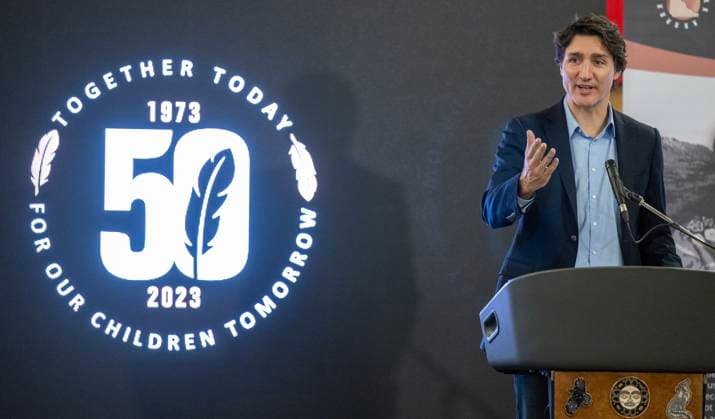 February 12, 2023, Whitehorse, YT, CANADA: Prime Minister Justin Trudeau speaks at a dinner event during Council of Yukon First Nations Together Today For Our Children Tomorrow 50th Anniversary celebrations at the Kwanlin DoÂ¼n Cultural Centre in Whitehorse, Yukon on Sunday February 12, 2023. Whitehorse CANADA  - ZUMAc35_ 20230212_zaf_c35_020 Copyright: xMikexThomasx