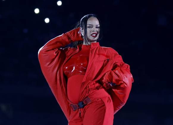 Grammy award-winning singer Rihanna performs during the Super Bowl LVII halftime show after the first half of Super Bowl LVII at State Farm Stadium in Glendale, Arizona, on Sunday, February 12, 2023. The Kansas City Chiefs defeated the Philadelphia Eagles 38-35.  SBP202302121081 JOHNxANGELILLO