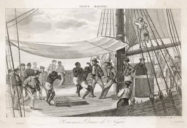 Slaves forced to dance on board ship to keep fit Slaves compelled to dance during the voyage, to keep them fit and healthy and so fetch a higher price Date: circa 1830  Copyright: Copyrightx(c)Geminix2023.xCredit:xGemini 12002343