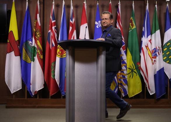 February 13, 2023, Ottawa, ON, Canada: Bloc leader Yves-Francois Blanchet arrives at a press conference on Parliament Hill in Ottawa on Monday, February 13, 2023. Ottawa Canada  - ZUMAc35_ 20230213_zaf_c35_028 Copyright: xPatrickxDoylex