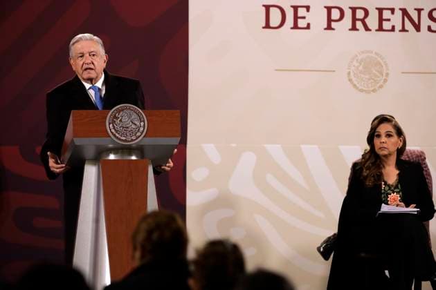 President of Mexico in press conference February 13, 2023, Mexico City, Mexico: The governor of the state of Quintana Roo, Maria Elena Lezama during the press conference of the president of Mexico, Andres Manuel Lopez Obrador at the National Palace in Mexico City, Mexico. on February 13, 2023 in Mexico City, Mexico (Photo by Luis Barron Eyepix Group). Copyright: x<author >x xEyepixxGroupx LB20230213_MARA7
