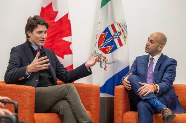 February 13, 2023, Whitehorse, YUKON, CANADA: Prime Minister Justin Trudeau, left, and Yukon Premier Ranj Pillai speak at the Yukonstruct building in Whitehorse, Yukon, on February 13, 2023. Whitehorse CANADA  - ZUMAc35_ 20230213_zaf_c35_084 Copyright: xMikexThomasx