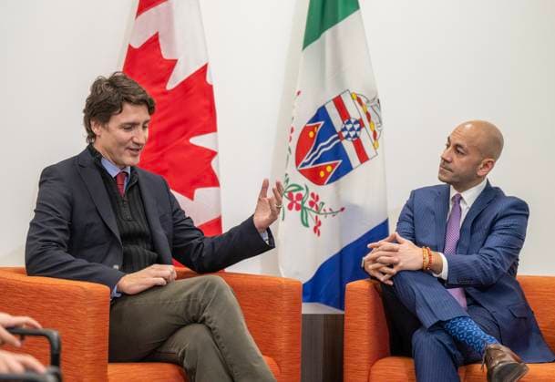 February 13, 2023, Whitehorse, YUKON, CANADA: Prime Minister Justin Trudeau, left, and Yukon Premier Ranj Pillai speak at the Yukonstruct building in Whitehorse, Yukon, on February 13, 2023. Whitehorse CANADA  - ZUMAc35_ 20230213_zaf_c35_085 Copyright: xMikexThomasx
