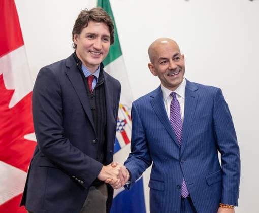 February 13, 2023, Whitehorse, YUKON, CANADA: Prime Minister Justin Trudeau, left, shakes hands with Yukon Premier Ranj Pillai at the Yukonstruct building in Whitehorse, Yukon, on February 13, 2023. Whitehorse CANADA  - ZUMAc35_ 20230213_zaf_c35_086 Copyright: xMikexThomasx