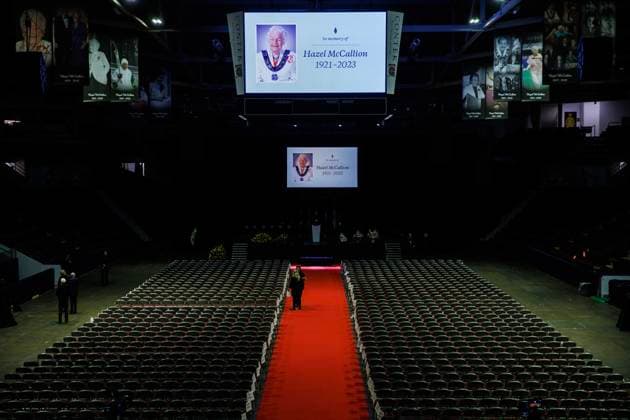 February 14, 2023, MISSISSAUGA, ON, CANADA: CORRECTS DAY OF THE WEEK TO TUESDAY People walk about the venue before the funeral for former Mississauga mayor Hazel McCallion at the Paramount Fine Foods Centre in Mississauga, Ont., Tuesday, Feb. 14, 2023. MISSISSAUGA CANADA  - ZUMAc35_ 20230214_zaf_c35_020 Copyright: xColexBurstonx