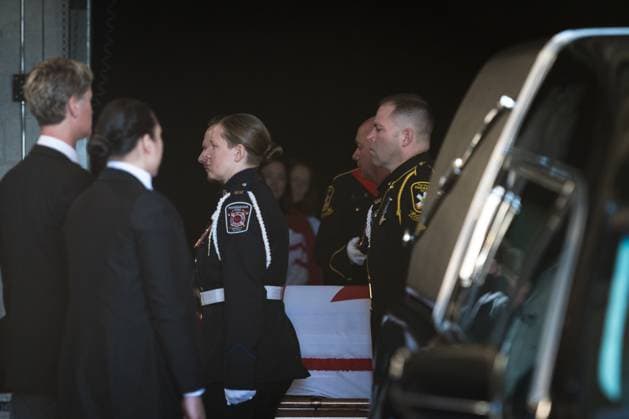 February 14, 2023, Mississauga, ONT, CANADA: Pallbearers carry the casket of the late ..Hazel McCallion, former Mississauga mayor, at the Paramount Fine Foods Centre in Mississauga, Ont., on Tuesday, February 14, 2023. Mississauga CANADA - ZUMAc35_ 20230214_zaf_c35_026 Copyright: xTijanaxMartinx