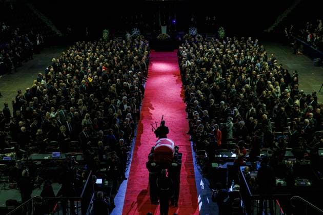 February 14, 2023, MISSISSAUGA, ON, CANADA: The casket of former Mississauga mayor Hazel McCallion arrives at the Paramount Fine Foods Centre for her state funeral in Mississauga, Ontario,Tuesday, Feb. 14, 2023. MISSISSAUGA CANADA  - ZUMAc35_ 20230214_zaf_c35_033 Copyright: xColexBurstonx
