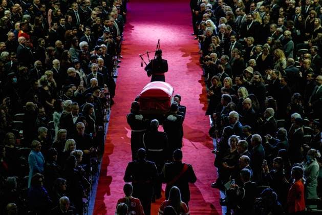 February 14, 2023, MISSISSAUGA, ON, CANADA: The casket of former Mississauga mayor Hazel McCallion arrives at the Paramount Fine Foods Centre for her state funeral in Mississauga, Ontario, Tuesday, Feb.14, 2023. MISSISSAUGA CANADA  - ZUMAc35_ 20230214_zaf_c35_036 Copyright: xColexBurstonx