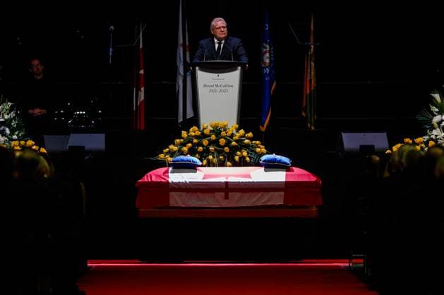 February 14, 2023, MISSISSAUGA, ON, CANADA: Premier of Ontario Doug Ford speaks above the casket of former Mississauga mayor Hazel McCallion during her state funeral in the Paramount Fine Foods Centre in Mississauga, Ontario, Tuesday, Feb. 14, 2023. MISSISSAUGA CANADA  - ZUMAc35_ 20230214_zaf_c35_045 Copyright: xColexBurstonx