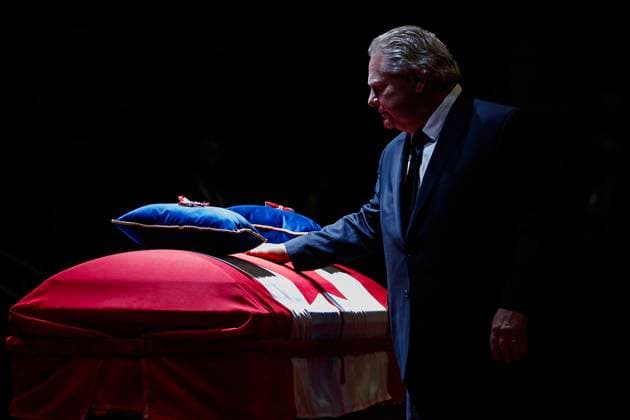 February 14, 2023, MISSISSAUGA, ON, CANADA: Premier of Ontario Doug Ford puts his hand on the casket of former Mississauga mayor Hazel McCallion during her state funeral in the Paramount Fine Foods Centre in Mississauga, Ontario, Tuesday, Feb.14, 2023. MISSISSAUGA CANADA  - ZUMAc35_ 20230214_zaf_c35_046 Copyright: xColexBurstonx